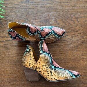 Coconuts by Matisse Pink and Tan Snake Print Heeled Boots